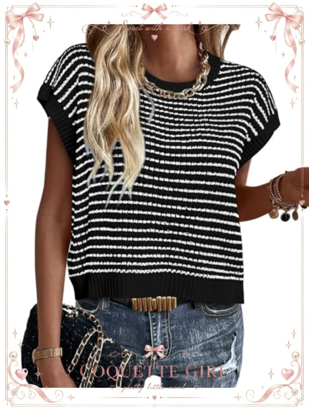 Womens Striped Short Sleeve Sweater Pullover Cap Sleeve Knit Top